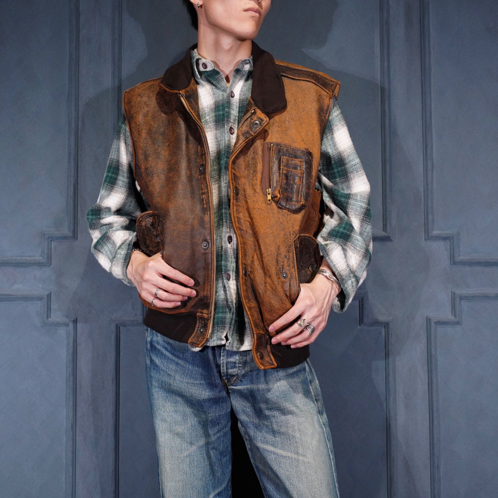 EU VINTAGE CHARLES CHEVIGNON PARIS FADED DESIGN FLIGHT LEATHER VEST|ヨーロッパ古着フェードデザインフライトレザーベスト