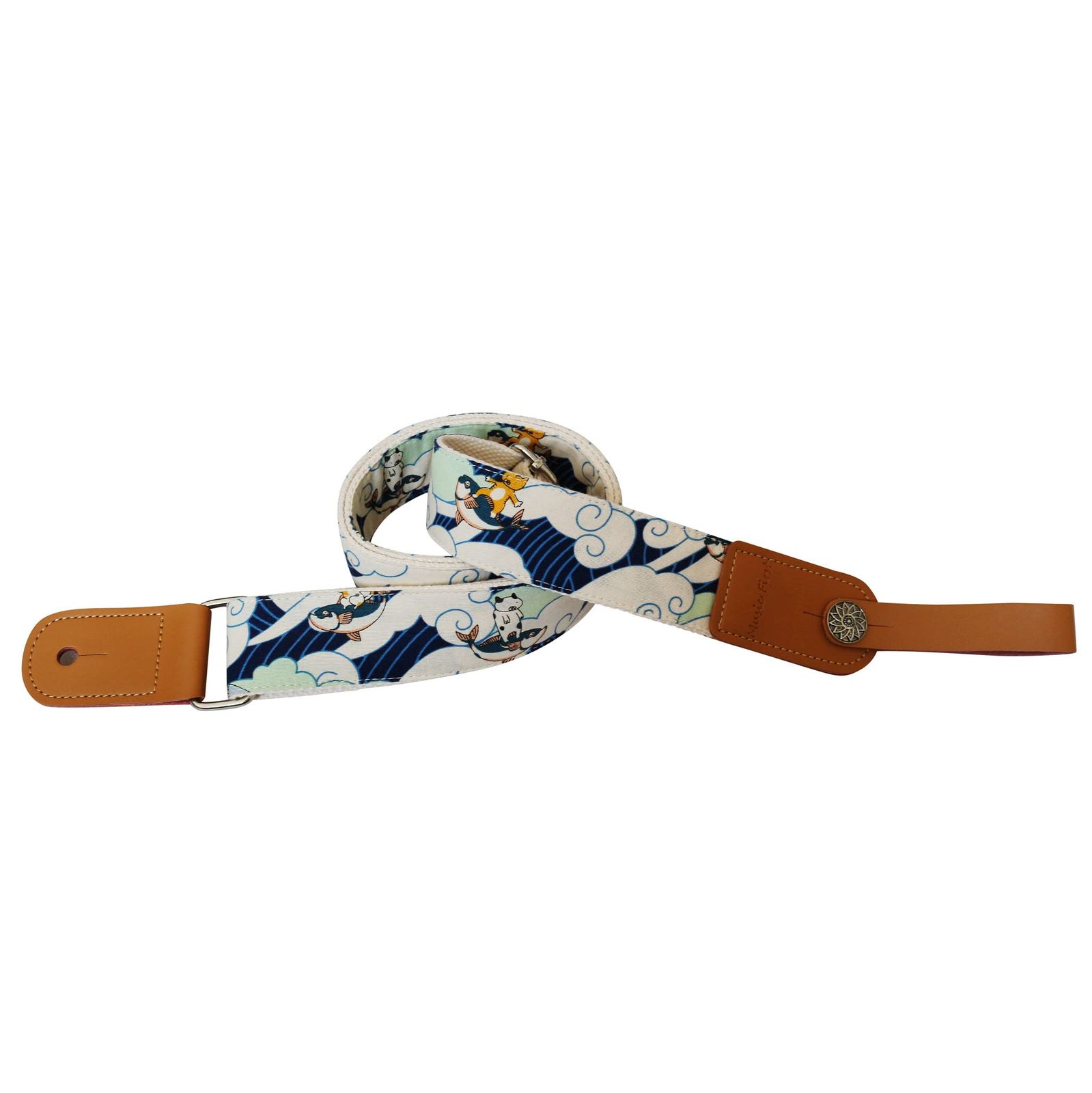 [Fast Shipping] MUSIC FIRST Original Design Vintage Ukiyo-e Style “Surfing Cat” Soft Muslin & Genuine Leather Ukulele Strap Ukulele Shoulder Strap Genuine Leather Strap with Locker