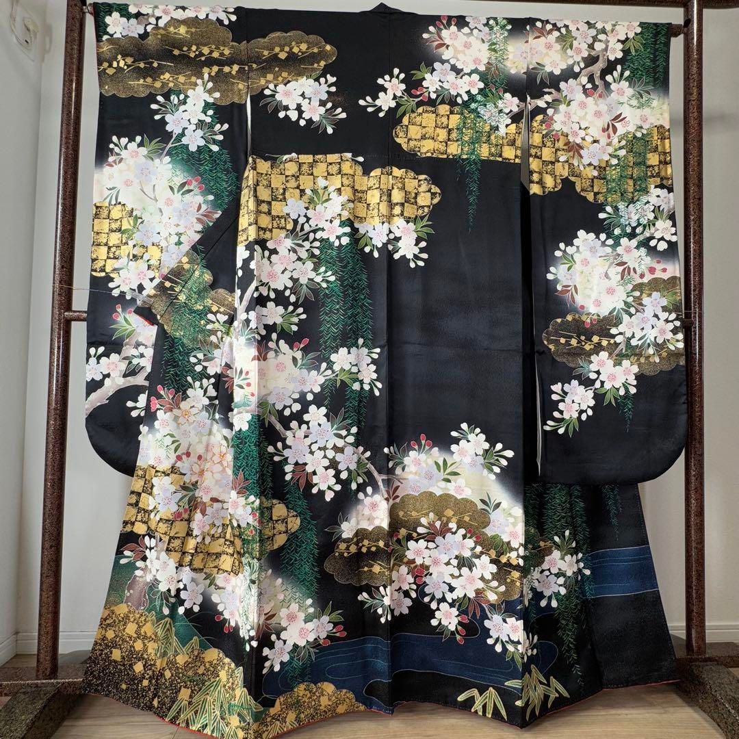 正絹 現代振袖 成人式 着物 正絹 164 黒 ブラック 美しい花柄 桜