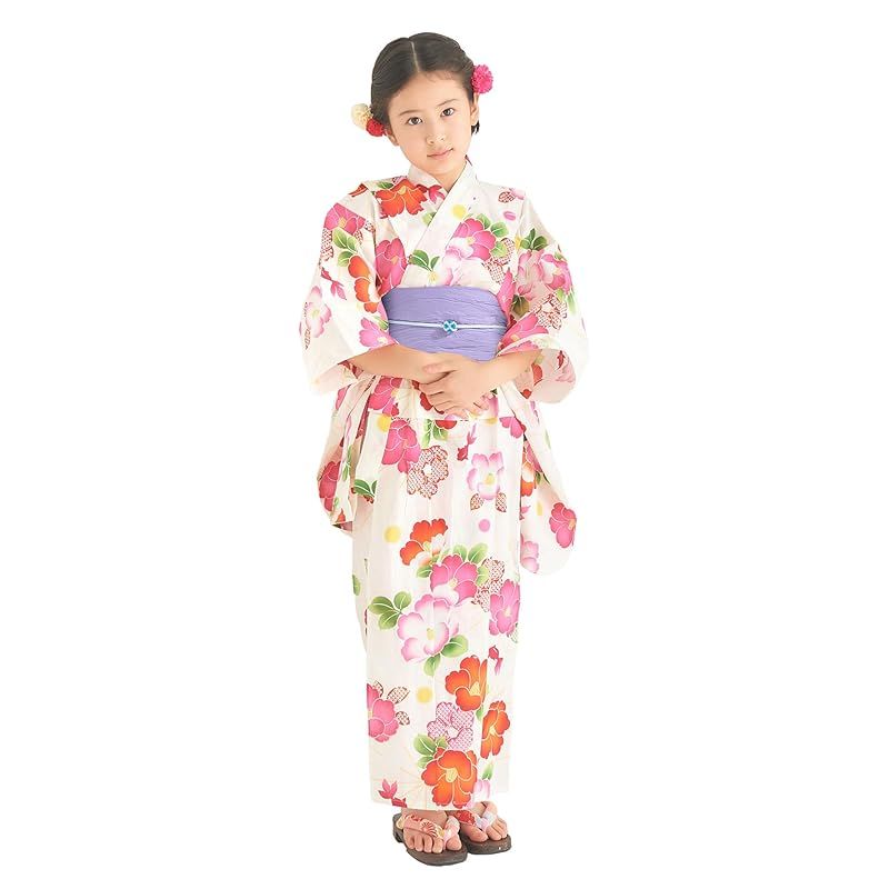 浴衣 子供 女の子 兵児帯 しわ兵児 和がまま 子供浴衣2点セット 選べる12柄 古典 100 cm|110 cm|120 cm|130 cm|140 cm|150 cm 白×椿 110