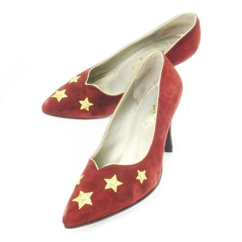 イヴサンローラン YVES SAINT LAURENT パンプス ハイヒール ポインテッドトゥ スエード レザー 刺繍 星 スター 36 23.0cm 赤 ボルドー |CK17 GY19