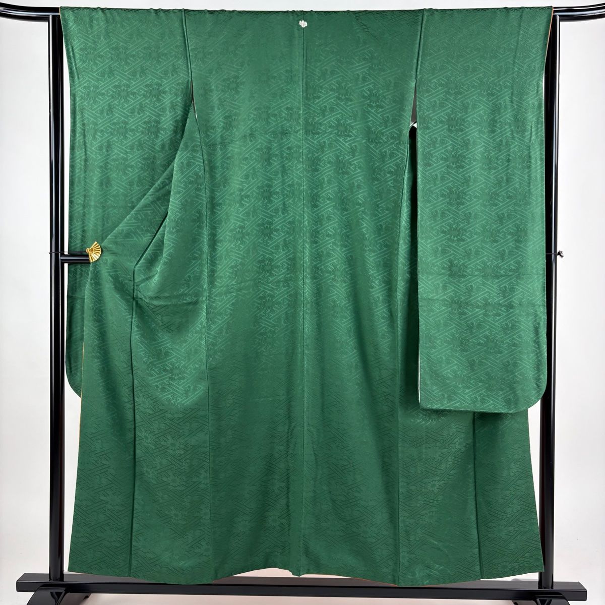 振袖 身丈153.5cm 裄丈64.5cm M 袷 地紋 緑 正絹 名品 一つ紋 【中古  