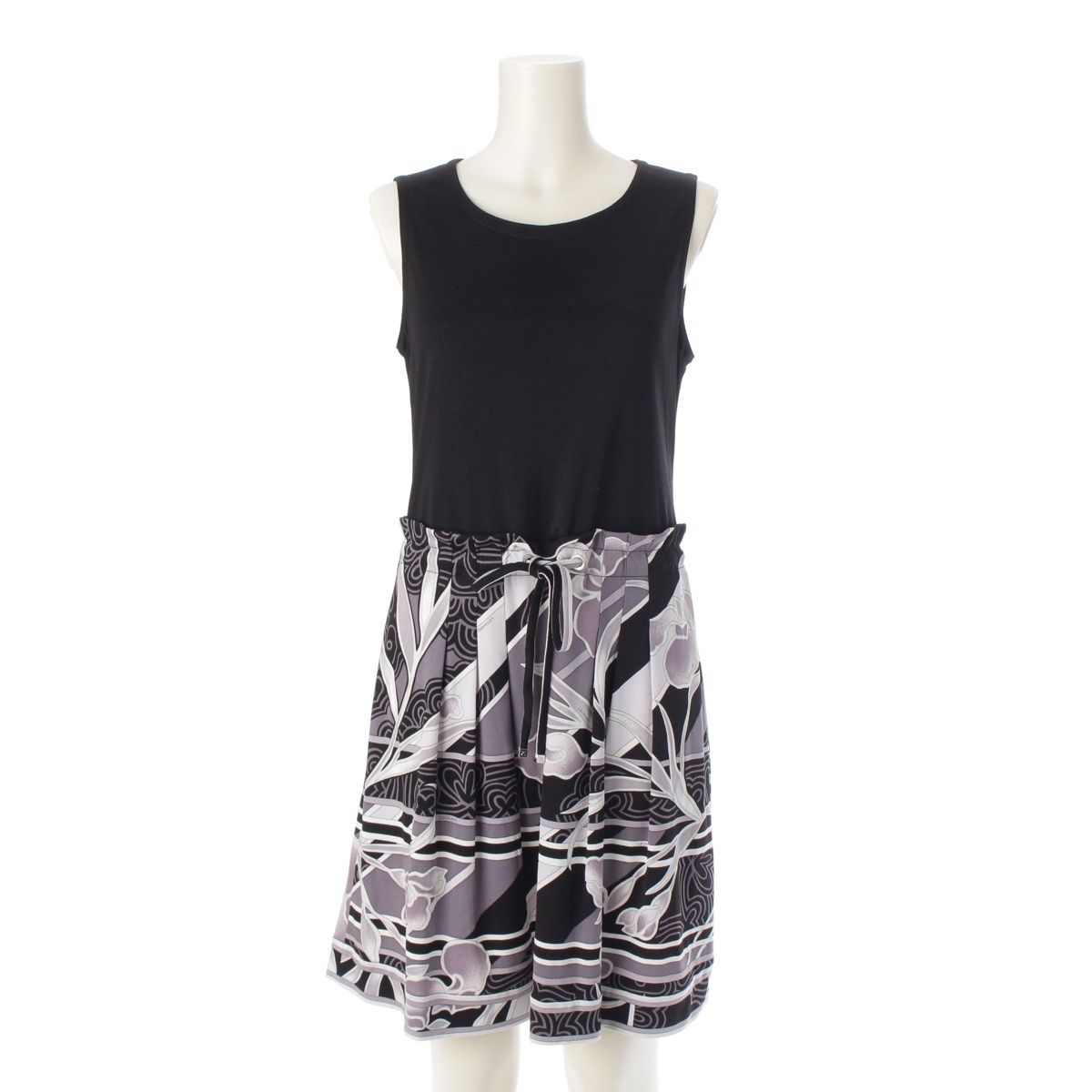 レオナール アセテート×ポリエステル カンカン ノースリーブ フラワー 花柄 切替 ドローコード ワンピース ドレス 0170253 ブラック グレー 38