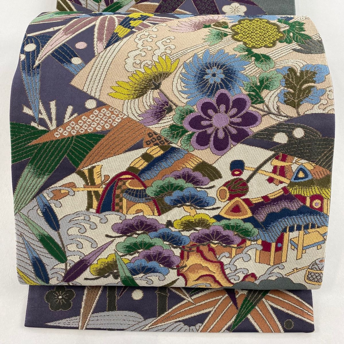 袋帯 美品 逸品 白綾苑大庭 落款 松竹梅 扇面 箔 刺繍 紫 六通 正絹 
