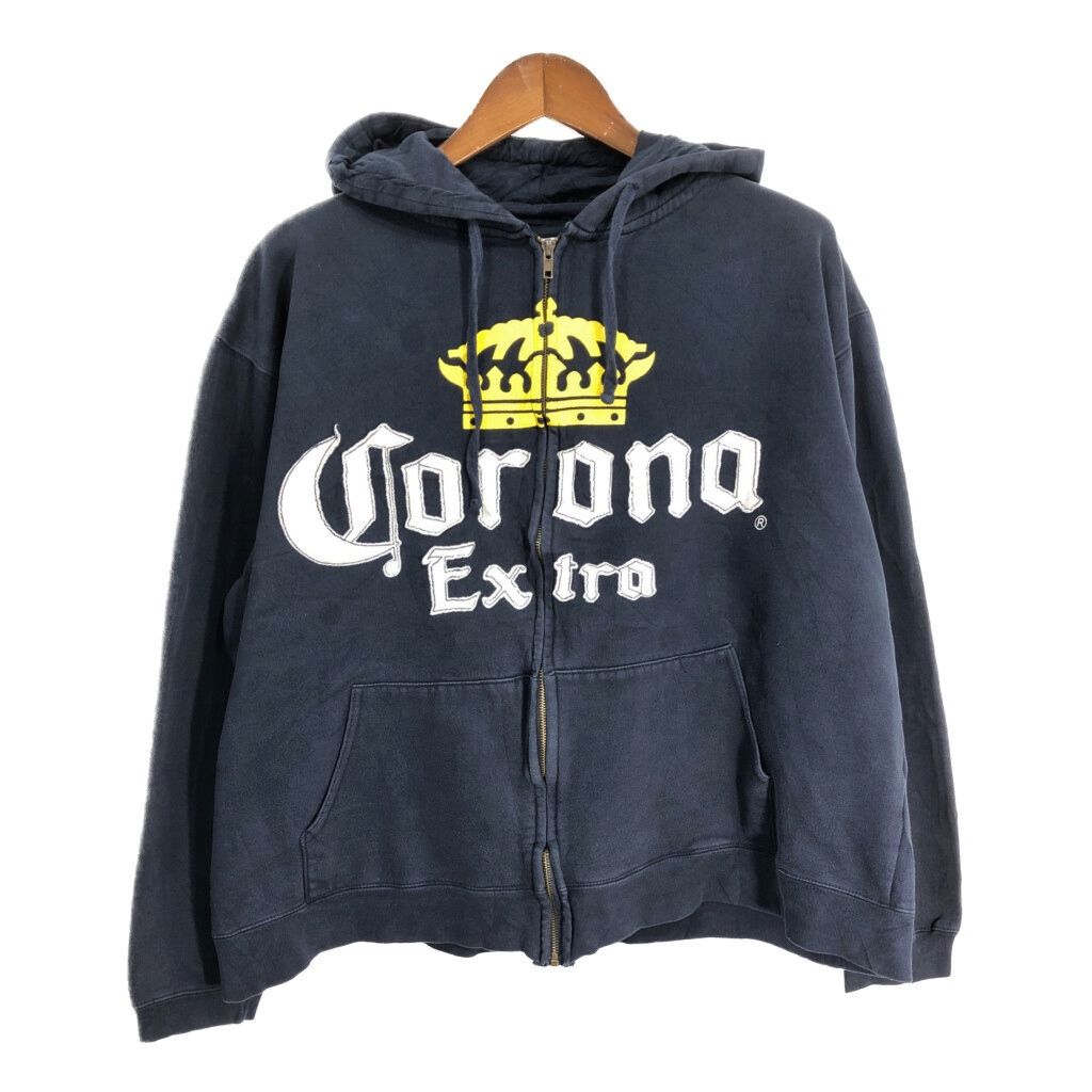 00年代 CORONA Extra コロナビール スウェット フルジップ パーカー 企業ロゴ ネイビー (メンズ XL) 中古 古着 S8396