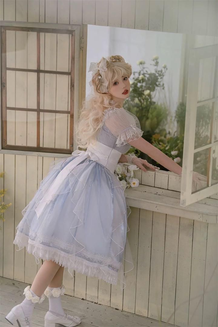 クラシカルロリータ ワンピース★水色×白 レース装飾 お姫様ドレス❤️ 新品 25新作クラシカルロリータ ワンピース☆水色×白 レース装飾