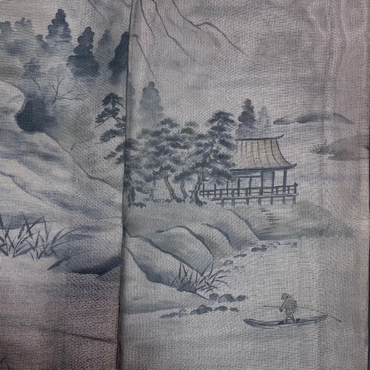 付下げ 身丈154cm 裄丈64cm M 紗絽袷 落款 風景 人物 茶緑色 正絹 秀品  