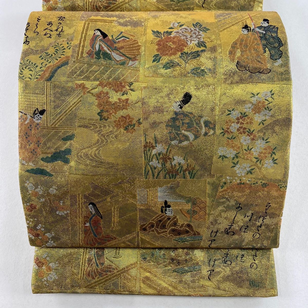 丸帯 名品 百人一首 箔 金糸 金色 六通 正絹