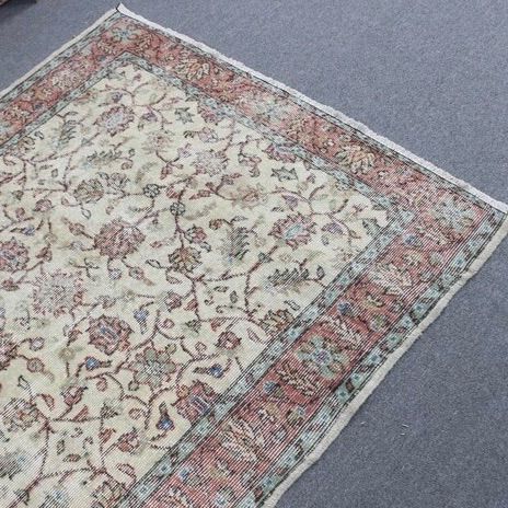 トルコヴィンテージラグ 花柄 優しい色合い 116x207 cm ダブルフレーム ナチュラル USTAUSTRALIA_COM_AU