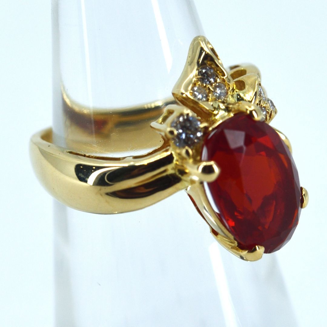 K18 赤色石付きダイヤモンドリング