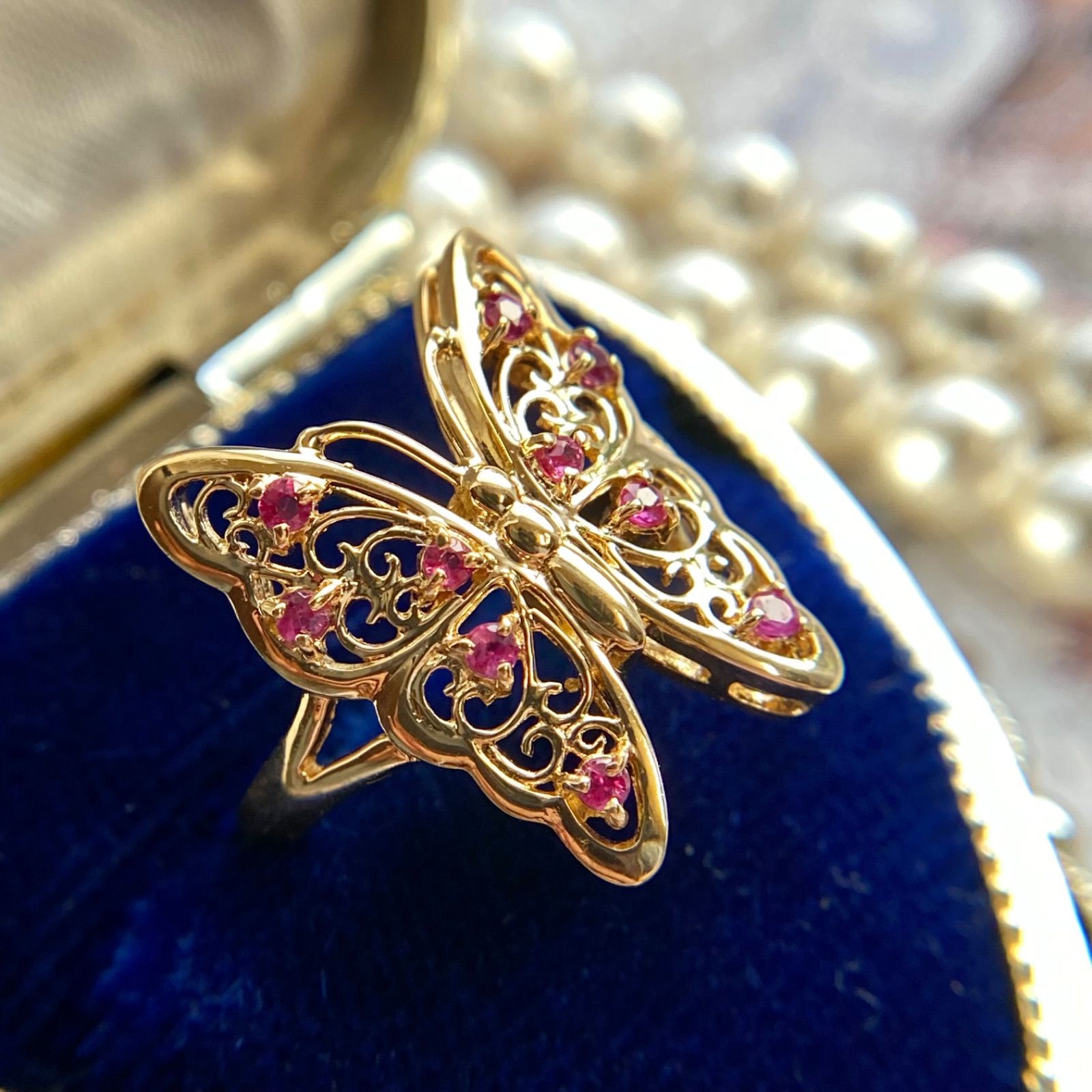 昭和レトロ】K18 バタフライ 透かし ルビー 13号 蝶 ゴールド C1682