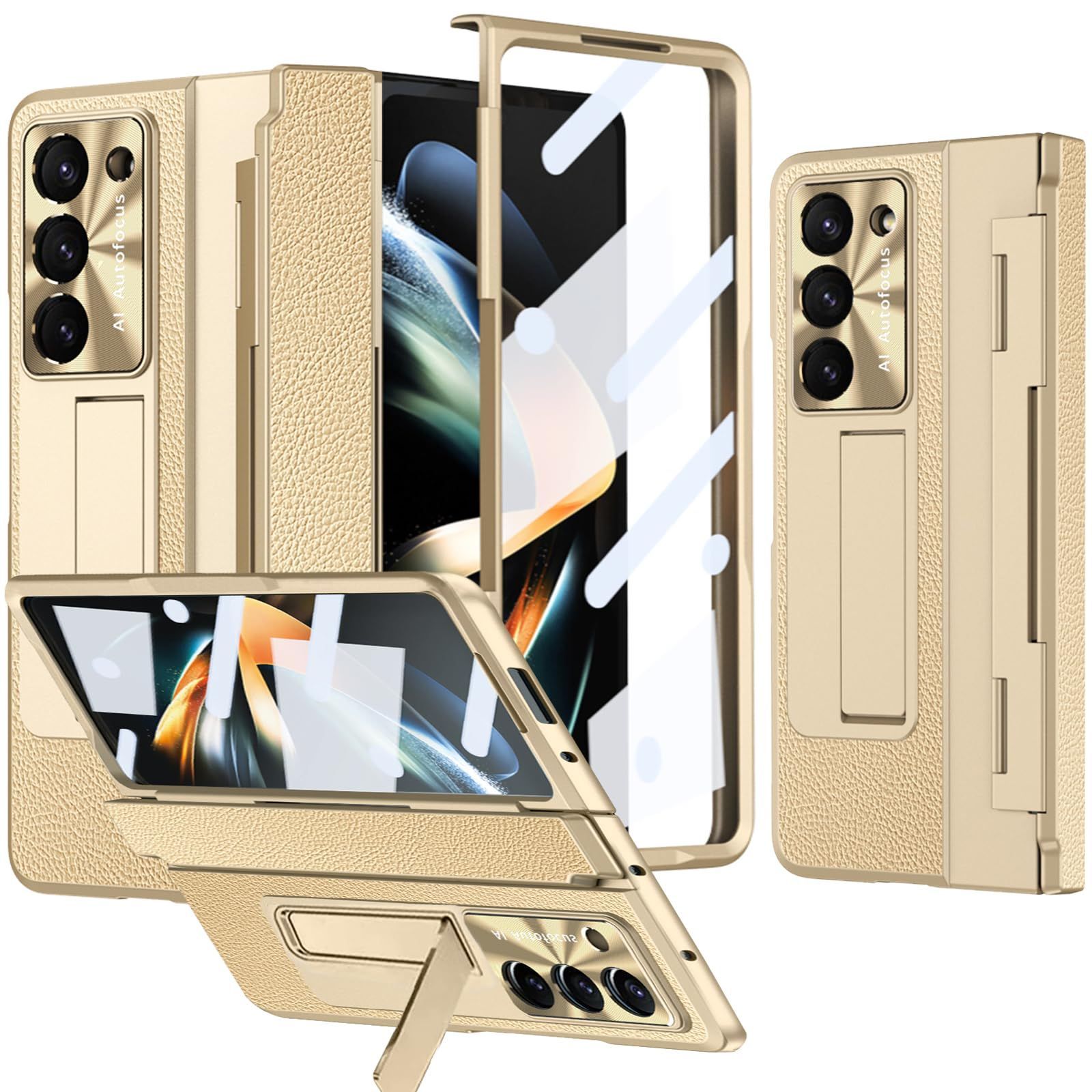 【在庫セール】Z Z Galaxy Samsung 折り畳み式 Fold5 カメラ保護 キックスタンド付き スクリーンフィルム一体型 PC製フレーム+レザー 5G ] SCG22 | SC-55D [ スマホ保護ケースカバー（ゴールド） ケース 5