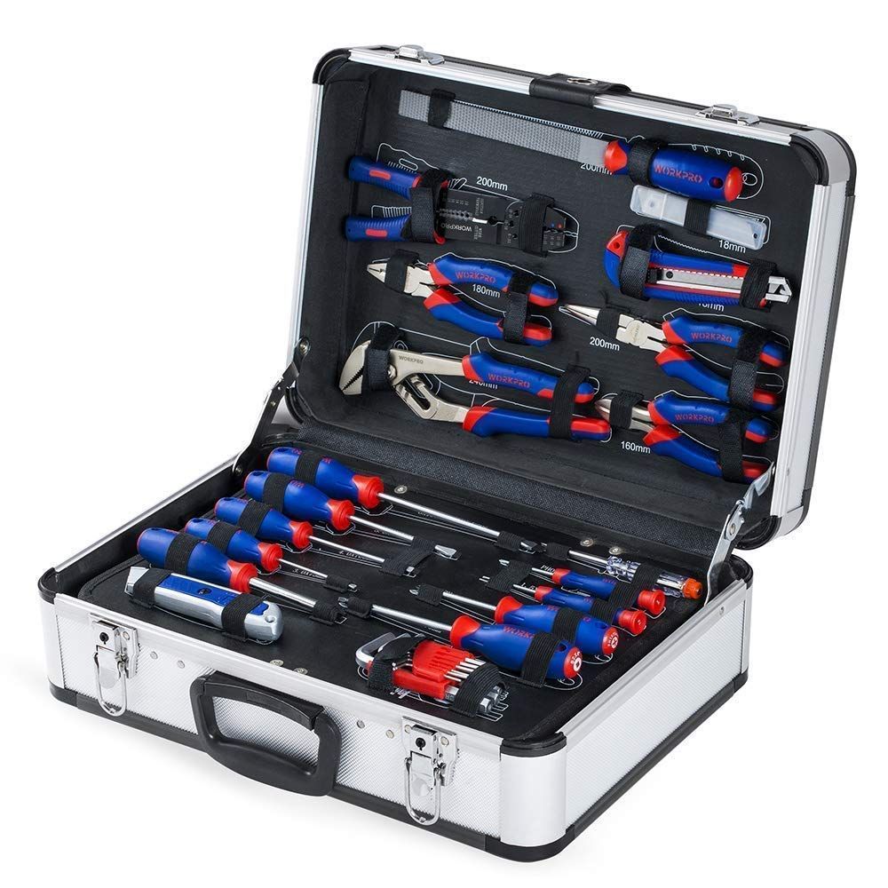 【大特価】WORKPRO ホームツールセット 工具セット 119点組 家庭用 DIY 日曜大工 家具組み立て 住まいのメンテナンス バイク 車載 整備工具セット アルミケース付属
