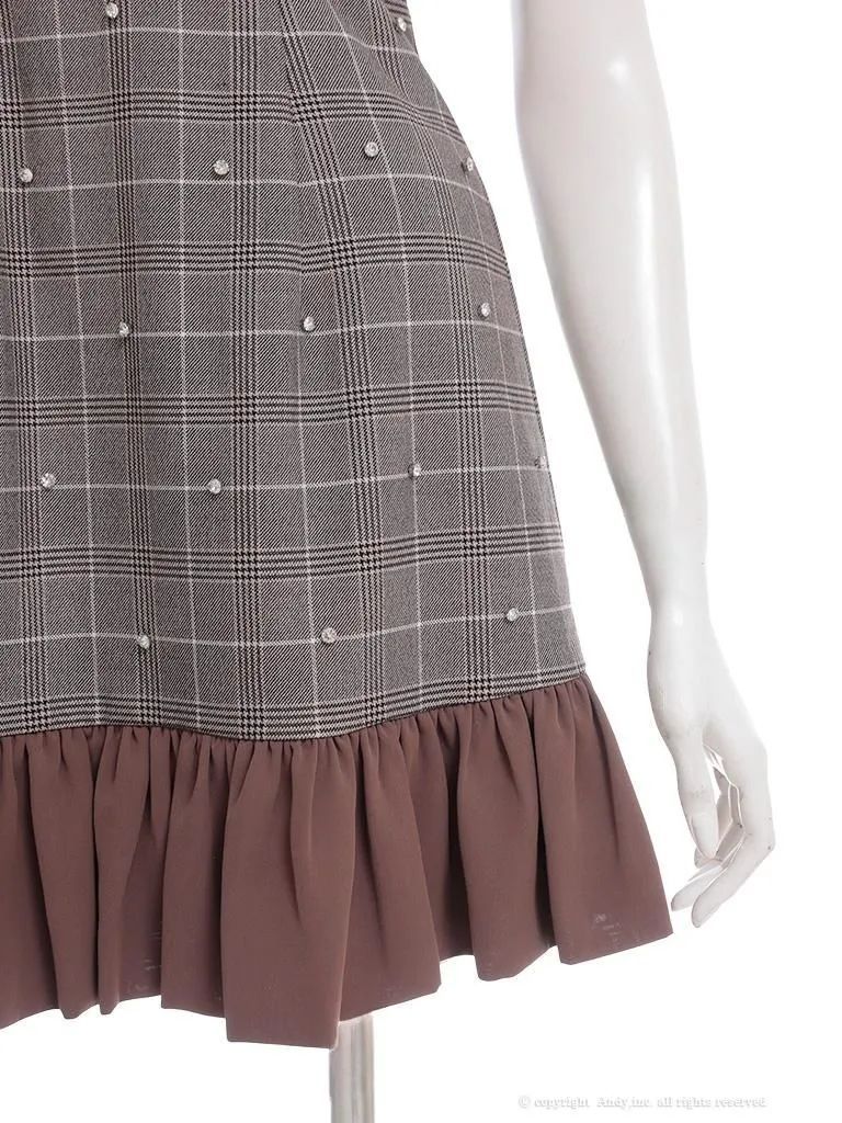 Mブラウン OF05 AOC3994-BR-2510 an アン チェック柄 ビジュー リボン キャミソール バストシアー 裾フリル フ ミニドレス キャバドレス MAAHADDERANG_COM