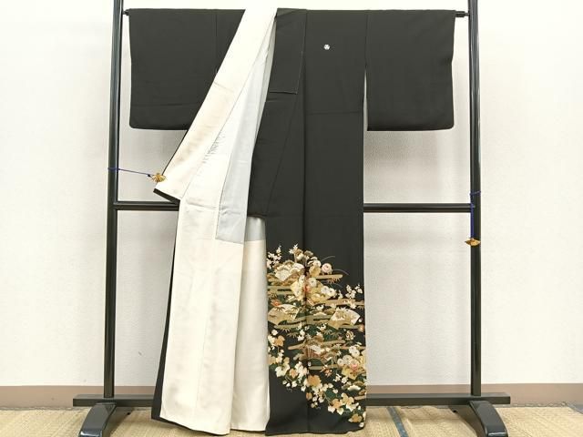 平和屋着物□豪華黒留袖 駒刺繍 松竹梅 エ霞地紙花文 金糸 金彩