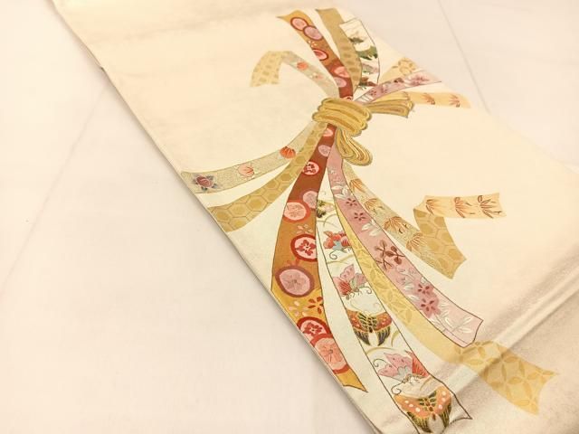 平和屋着物◎六通柄袋帯 駒刺繍 束ね熨斗花蝶文 金銀彩 引箔