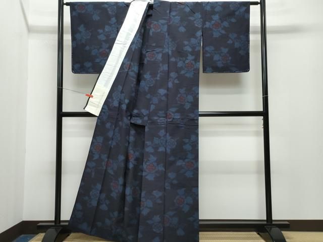 平和屋着物▽上質な紬 単衣 型染め 草花文 正絹 逸品 DAAV9956sf