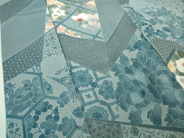 平和屋着物□極上 小紋 藍 切嵌花文 鬼しぼ縮緬 逸品 DZAA7322kh5
