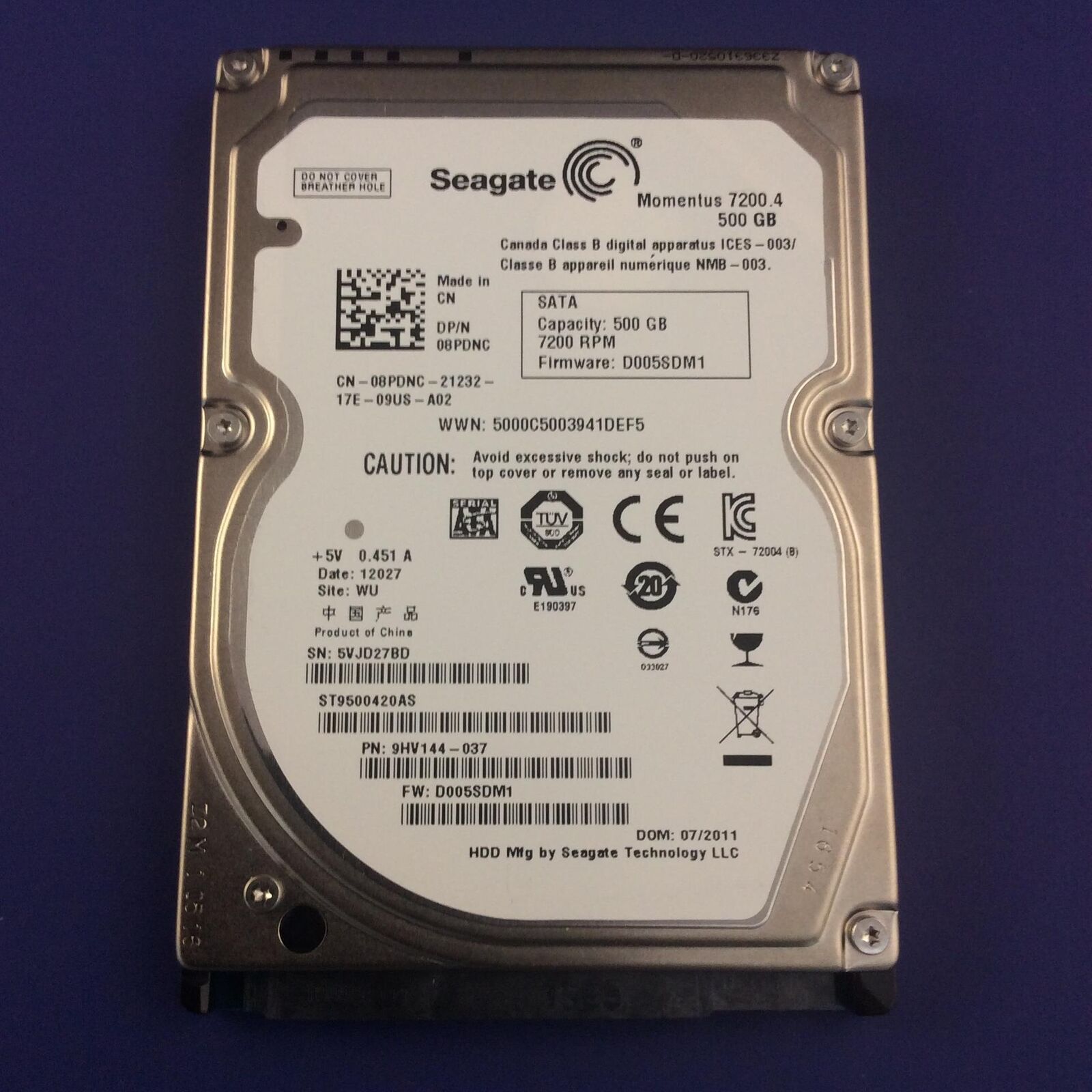 Seagate SATA ハード ドライブ ST9500420AS P/N: 9HV144-037 F/W: 0003SDM1 500GB 7200RPM