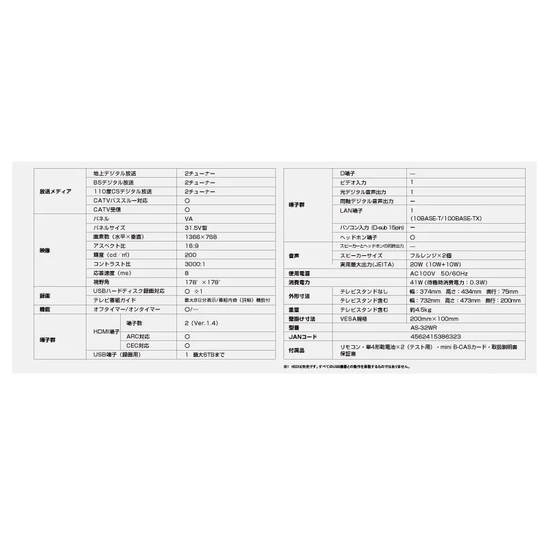 ☆中古美品☆32V型3波ダブルチューナーテレビ AS-32WR 壁掛対応 - メルカリ