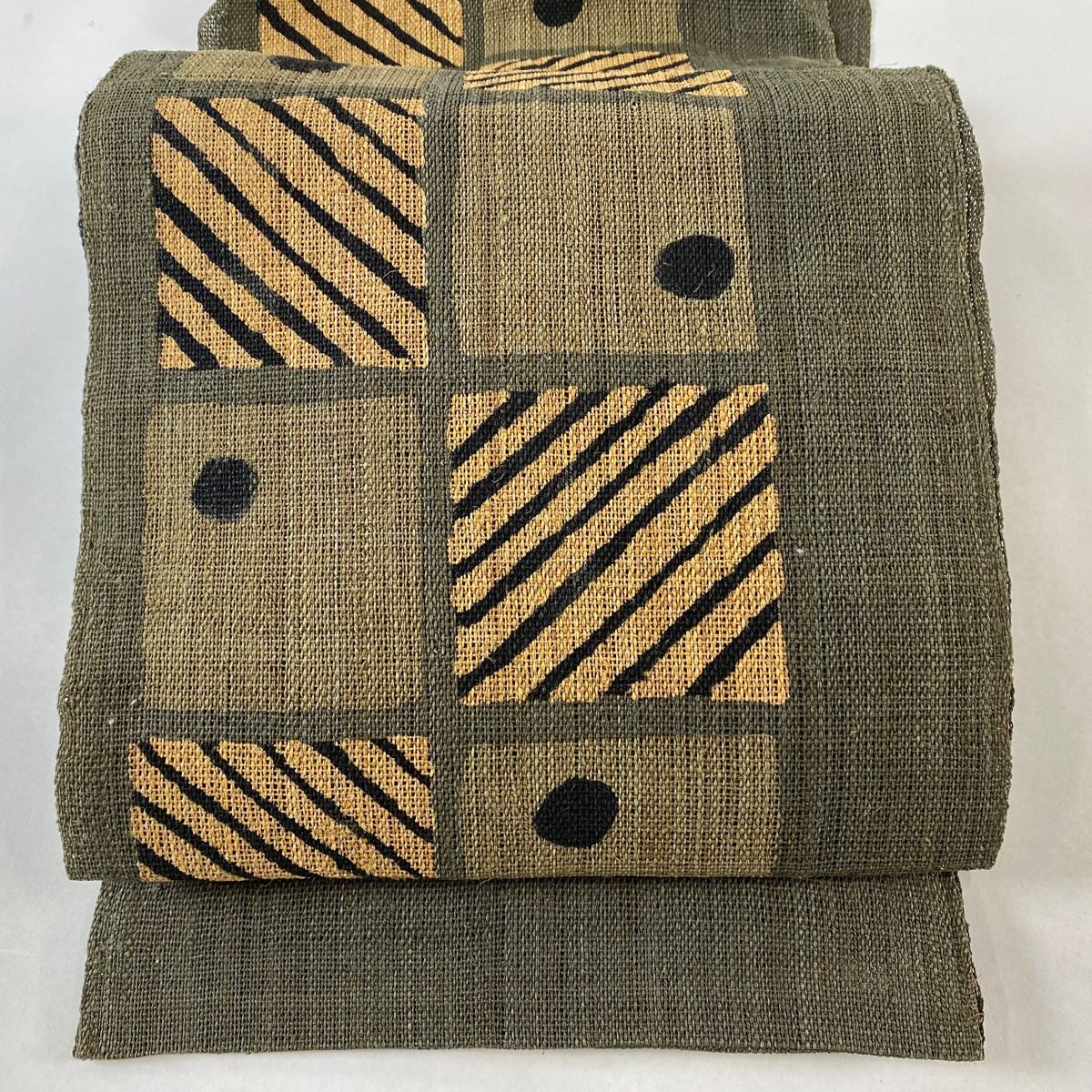 名古屋帯 逸品 夏帯 八寸名古屋帯 松葉仕立て 市松 縞 茶緑色 科  