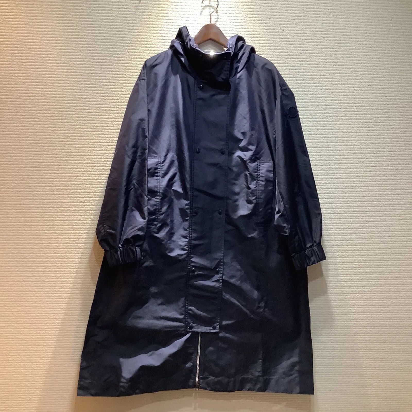 24SS モンクレール MONCLER ワッペン ロゴ ロング コート ネイビー SARRAN １レディース フード スプリングコート Aランク PL74