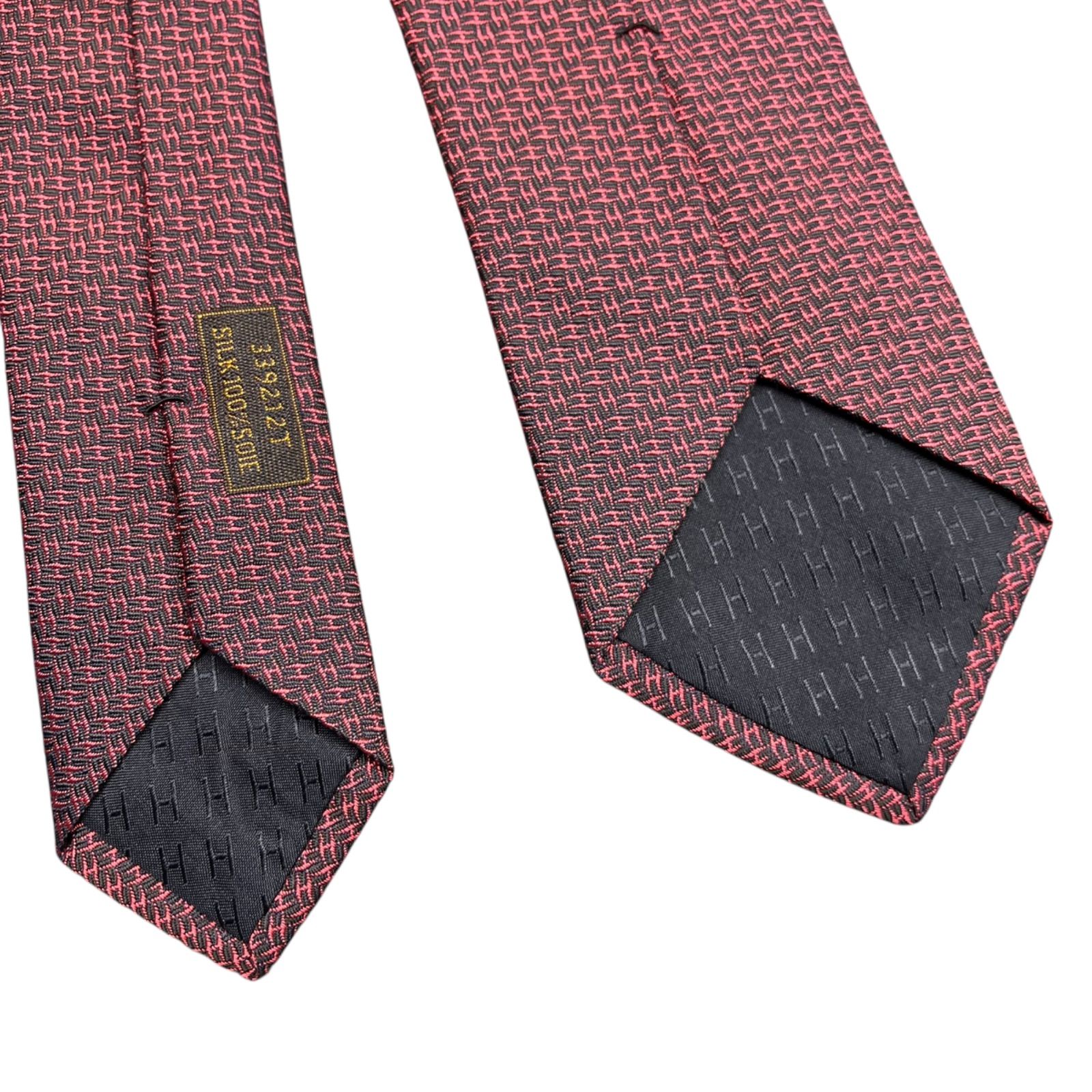 【極美品】HERMES エルメス　ネクタイ　H柄　レッド×ネイビー 美品 エルメス HERMES H柄 シルク ネクタイ レッド×濃紺 メンズ