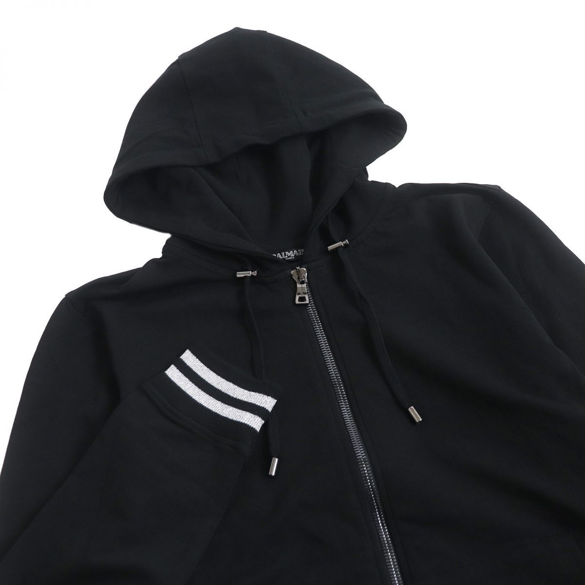 極美品BALMAIN（バルマン）黒Lジップアップフーディースウェットパーカー 極美品□BALMAIN/バルマン バックロゴ ラインデザイン ラメ