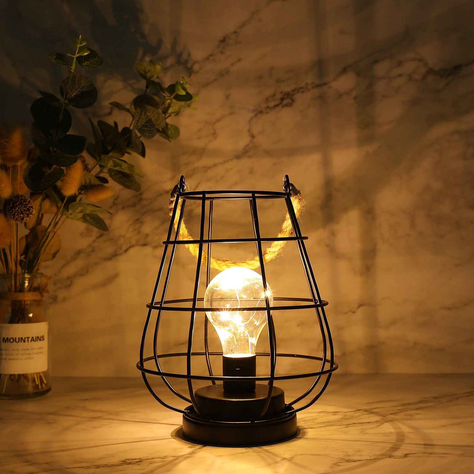 JHY DESIGN 電池式ランタン 26.5cm 装飾ランプ ケージ コードレス テーブルランプ 温白色 フェアリーライト LED電球ランプ 卓上ランプ リビングルーム 寝室 キッチン 結婚式用 (ブラック)