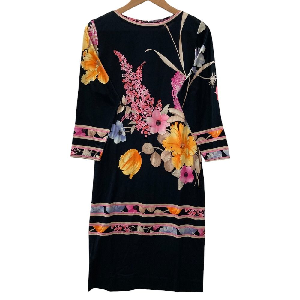 LEONARD レオナール フラワープリント ロングスリーブ ワンピース サイズM ブラック レディース 古着