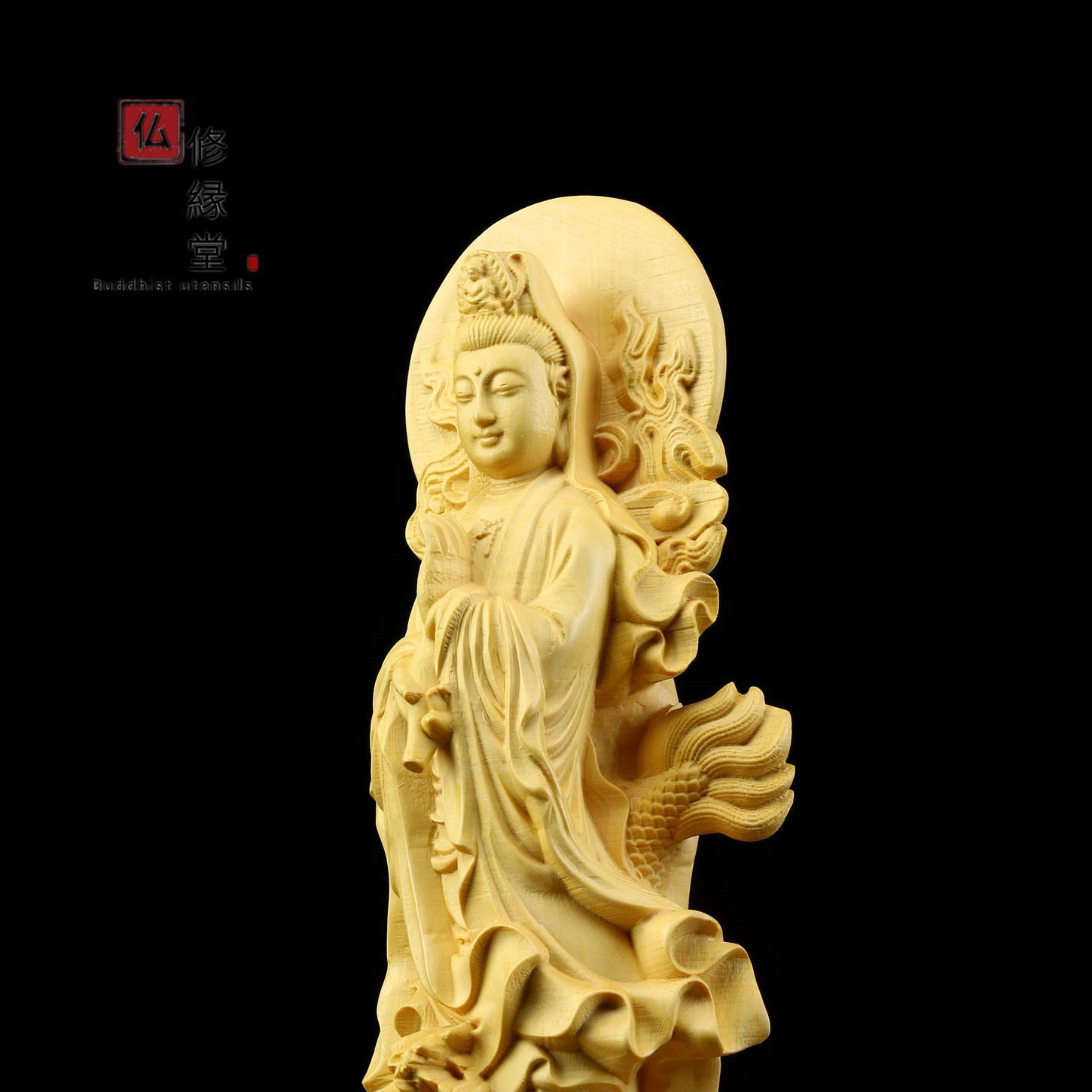 修縁堂】極上品 木彫り 仏像 御龍観音菩蕯立像 柘植材 仏教工芸 精密