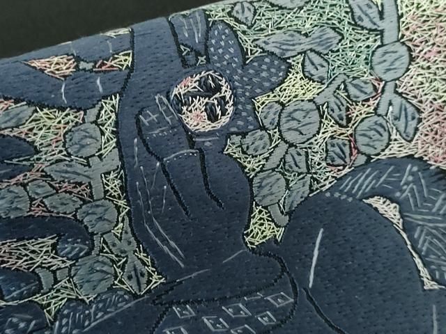 九寸開き名古屋帯 乱針刺繍