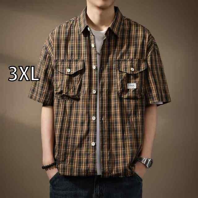 3XL メンズ ファッション 服 オシャレ シンプル 大人 かっこいい 大きいサイズ ストリート 紳士服 ハイエンド アメリカン レトロ ヘビー チェック柄 半袖 シャツ 夏 ワーク シャツ ジャケット