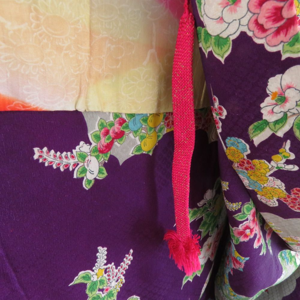 羽織 アンティーク 昔羽織 正絹 紫x緑x黄色 雲取りに花々模様 地模様