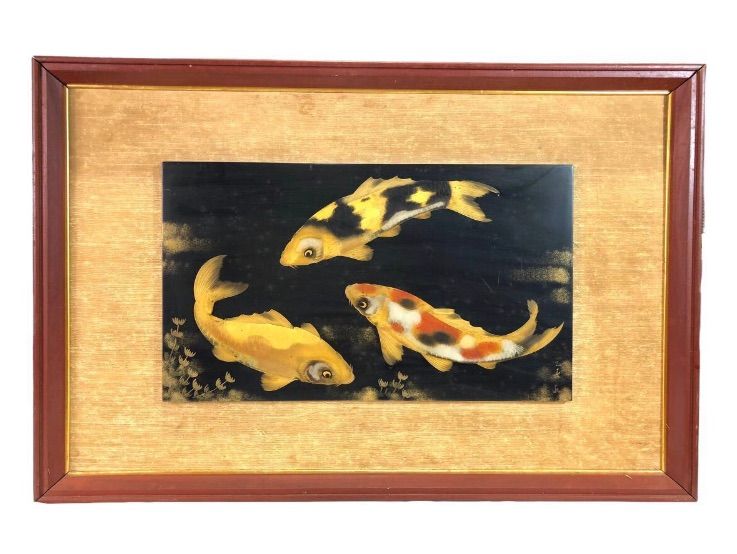 錦鯉の図 鯉 魚 絵画 額装 美術品 芸術作品 サイン インテリア 額入り 錦鯉 骨董 漆芸 漆画 壁掛け パネル 額縁 現状品 長期保管品 -  メルカリ