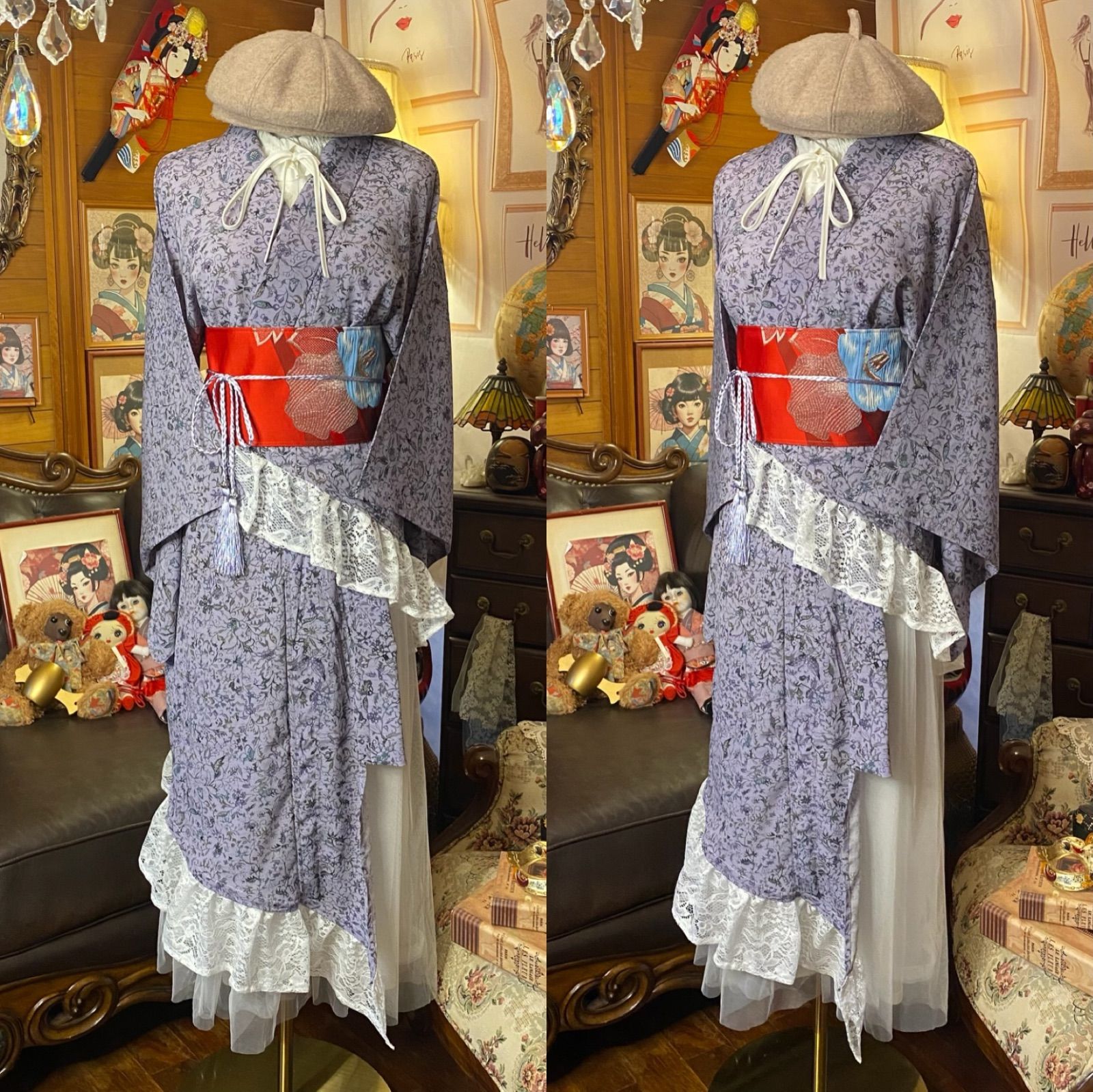 夏着物 2way アシンメトリー ガウン 羽織り ドレス ワンピース ハンドメイド 和洋折衷 洗える 化繊 リメイク 帯サッシュベルト レトロ 古着 薄藤グレーのボタニカル 薄藤グレーのボタニカル KD-73