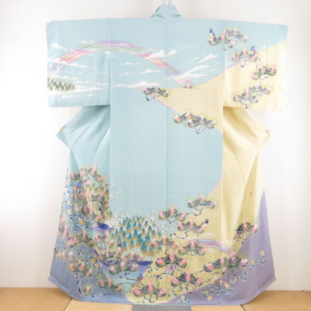 本加賀友禅 訪問着 天野雅彦 松竹梅に小鳥文様 水色 作家物 落款入 正絹 袷 広衿 一つ紋 蔦紋 フォーマル 本場加賀友禅染 身丈159cm 本加賀友禅 訪問着 天野雅彦 松竹梅に小鳥文様 水色 作家物 落款入