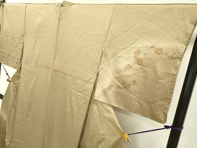 平和屋着物●訪問着　中国三大刺繍　汕頭刺繍　スワトウ刺繍　総刺繍　道長花文　蜂蜜色地　正絹　逸品　AABE2051ck 平和屋着物▽中国三大刺繍 スワトウ刺繍 汕頭刺繍 訪問着 道長正倉院花