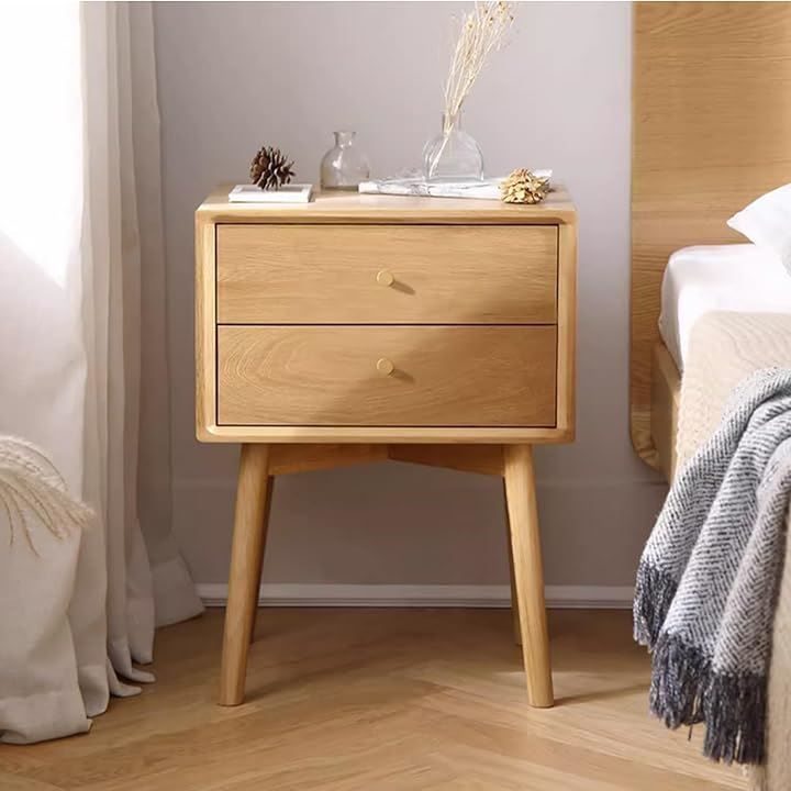 Mountain-Hill サイドテーブル ナイトテーブル ベッドサイドテーブル 北米産ソリッドオーク無垢材 ナイトスタンド 2段引き出し 45x35x60cm 収納付き ベッド横 ナチュラル 45x35x60センチメートル