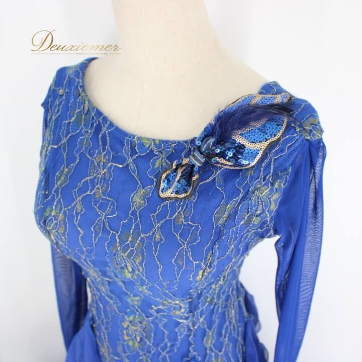 社交ダンス 衣装 スタンダード ドレス ワンピース レッスンウェア レディース オールシーズン 青 金 ICHIOKU イチオク ブルー系 ゴールド系 長袖 気品ある ロイヤルブルー 華やかレース 胸元飾り 手縫い ダンスドレス おしゃれ 舞台衣装 競技用