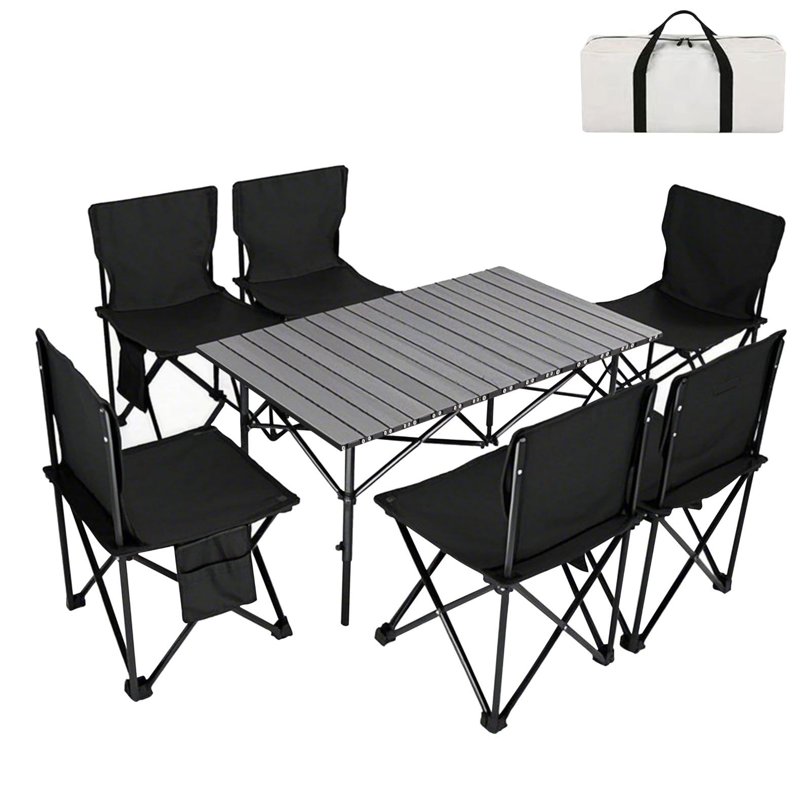 商品 キャンプ用品 ブラック ガーデン お釣り 7点セット BBQ 収納バッグ付き 組立簡単 折り畳み 超軽量 ピクニックテーブル テーブル57cm×95cm×50cm キャンプ セット チェア テーブル アウトドア BEIKEMALL