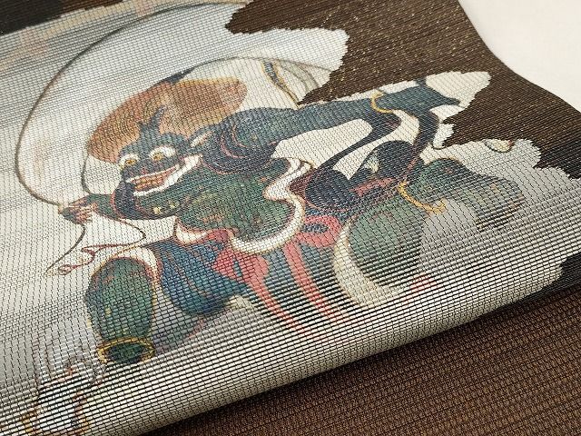 平和屋本店□極上 太鼓柄袋帯 室華風 風神雷神 金彩 見る角度により柄