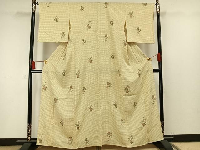 平和屋着物▽上質な小紋　単衣　草花陶器文　正絹　逸品　AAAW1402fy 平和屋着物▽上質な小紋 単衣 草花陶器文 正絹 逸品 AAAW1402fy