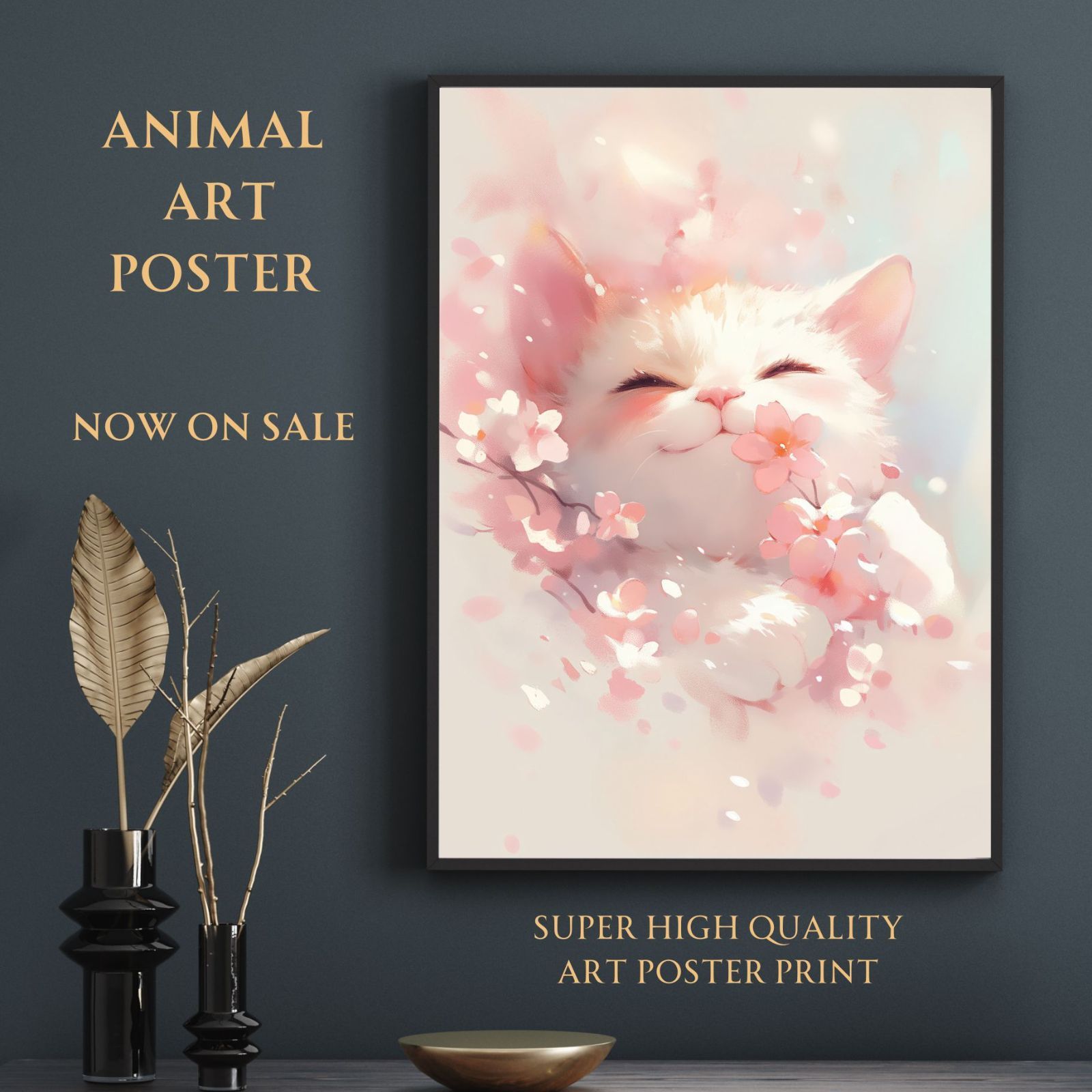 桜猫戯舞 - マンチカン No.1 桜 花見 春 花びら 子猫 猫 キャット ペットロス うちの子 記念日 アートポスター 犬の絵 犬のイラスト ギフト プレゼント