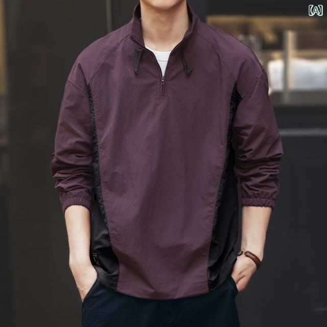 [2XL ]メンズ ファッション 服  オシャレ シンプル 大人 かっこいい 大きいサイズ ストリート 紳士服  アメリカン アウトドア 長袖 ポロ シャツ 秋 カジュアル パープル ハーフ ジップ シャツ 