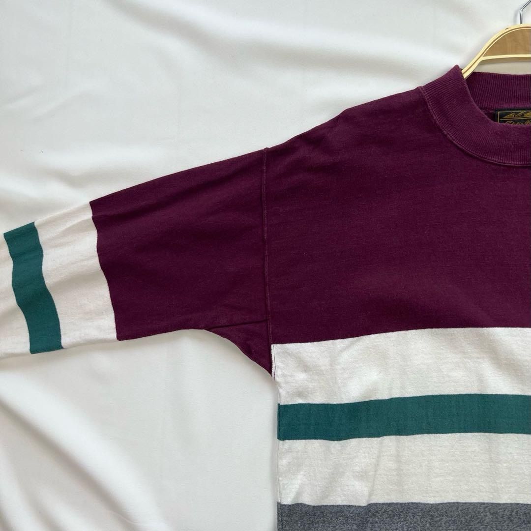 【フォロワー様クーポン配布中！】90s 90年代  Eddie Bauer  エディーバウアー  マルチボーダー ヘビーウェイト コットン  モックネック 長袖 Tシャツ ロング Tシャツ ロンT 輸入古着 海外古着 US古着 メンズ XL【E25】