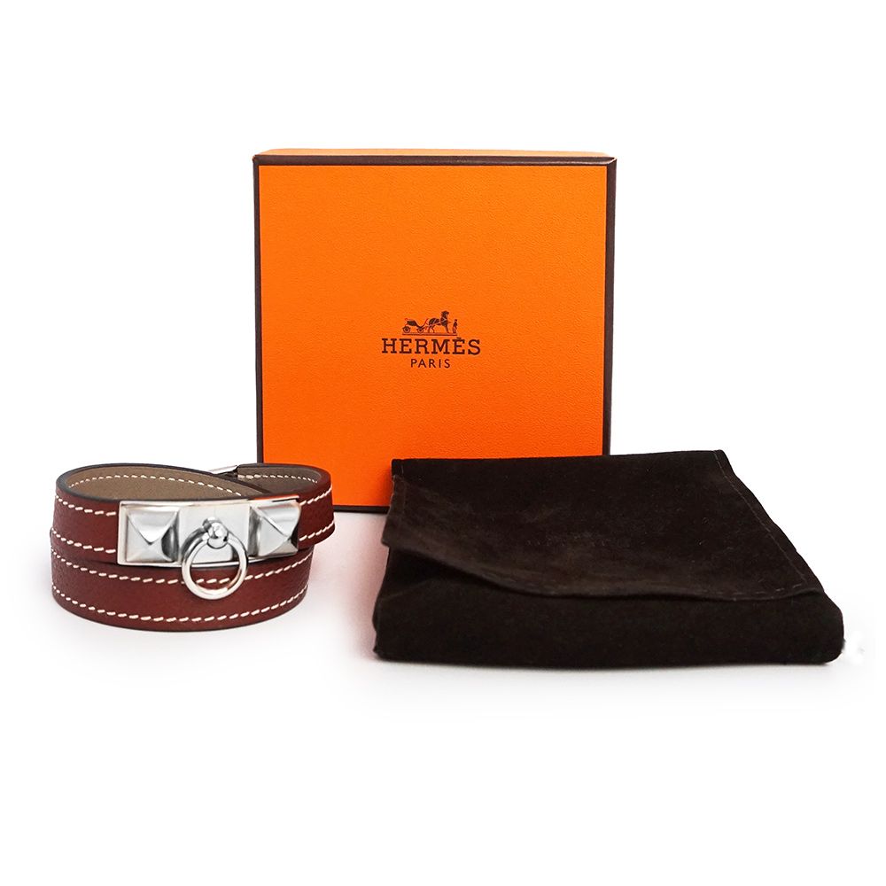 エルメス リヴァル ドゥブルトゥール スタッズ 2連 ブレスレット T2 ヴォーエバーカラー ヴォースイフト レザー ルージュアッシュ ボルドー シルバー金具 C刻印 HERMES ♥ 展示品
