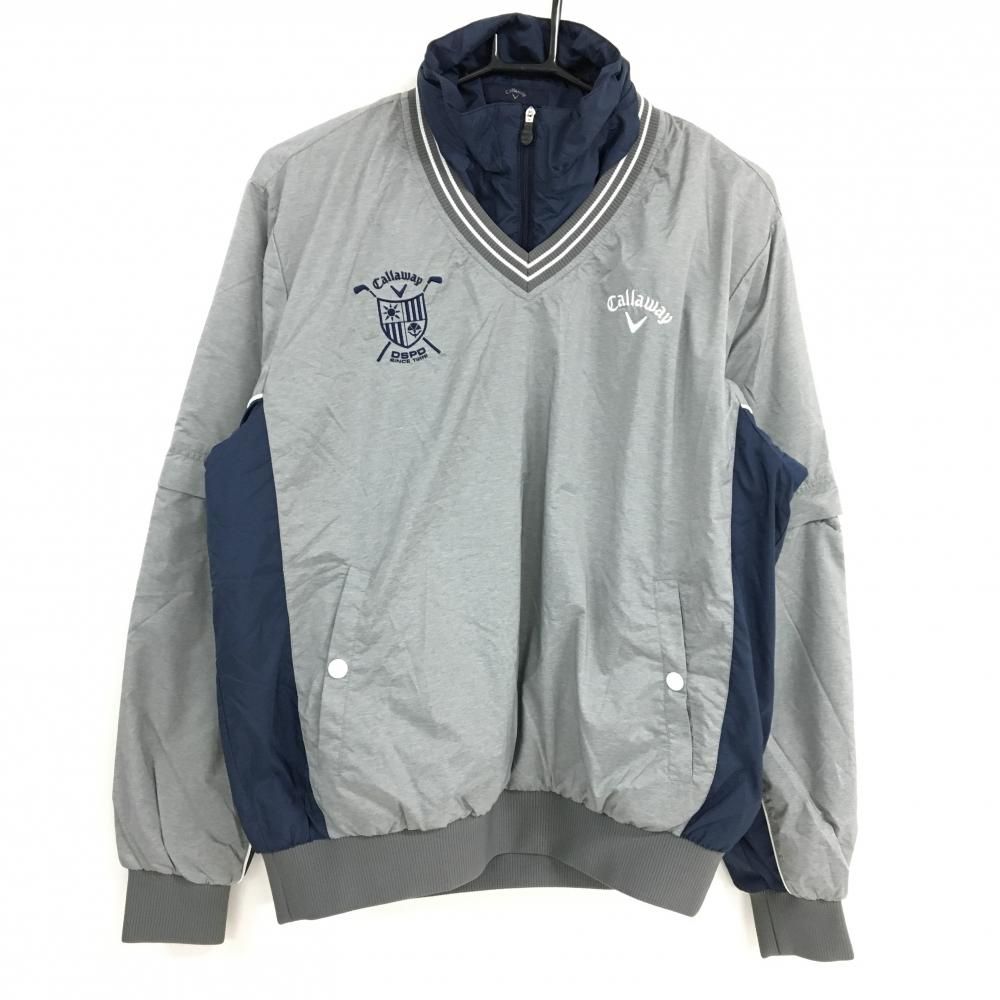 ★SALE価格★【美品】キャロウェイ 4WAY中綿スニード グレー×ネイビー ロゴ刺しゅう 襟・袖着脱可 Vネック ブルゾン メンズ L ゴルフウェア Callaway