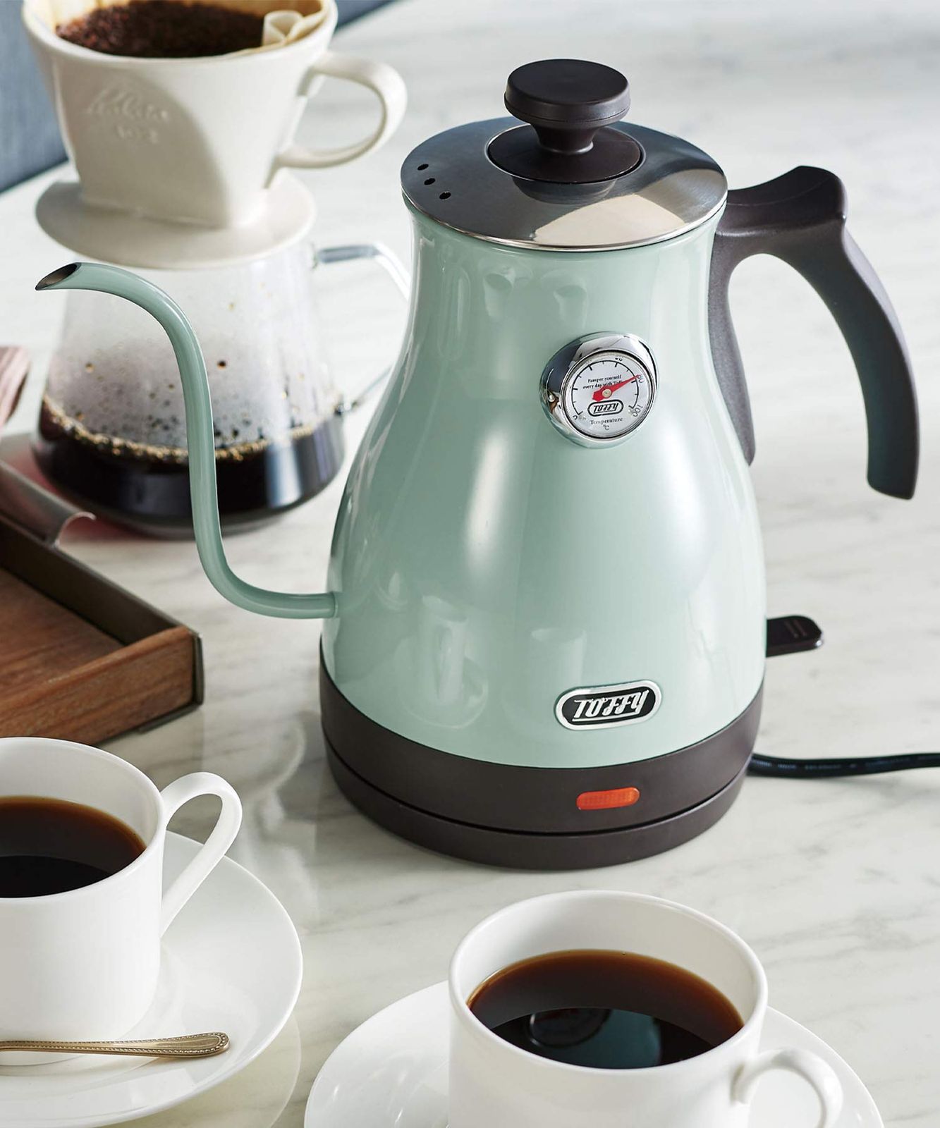 Toffy トフィー 温度計付き電気ケトル K-KT3 ペールアクア 適温 コーヒードリップ ハンドドリップ 空焚き防止 グースネック注ぎ口 レトロ K-KT3-PA