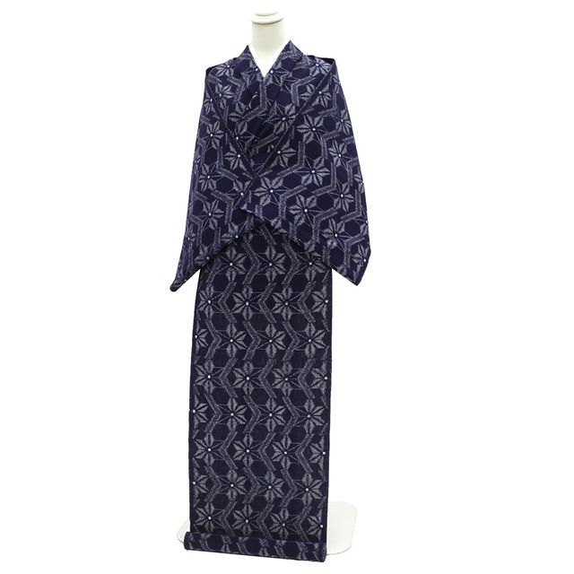 新古品 本場久留米絣 着物 着尺 反物 木綿 綿紬 手織り 藍染 濃藍地 ネイビー 先染め 絣 麻の葉 花 久留米 カジュアル 普段着 お出かけ 販売 コットン リサイクル 新古品 みやがわ sb13666